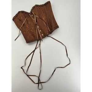 Brown Damask Brocade Corset Top Lace Up Back Ruffle Trim Steampunk Victorian